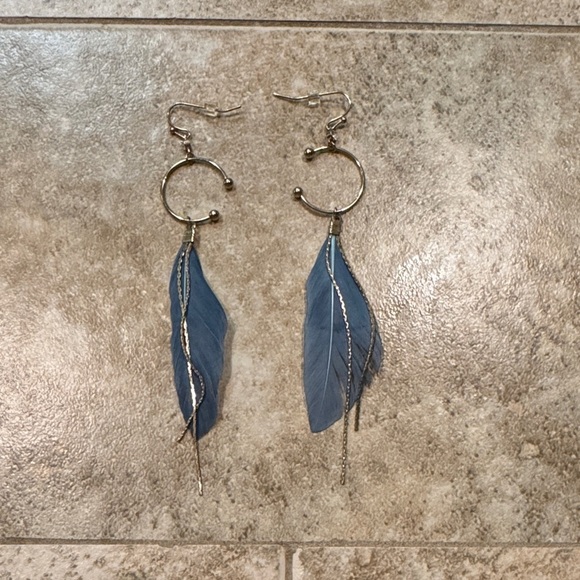 Light gold and Blue Feather Earrings - Picture 1 of 2